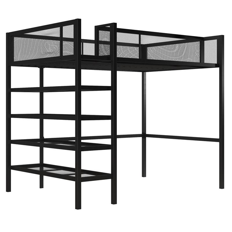 Pemberly Row Modern Storage Loft bed with Bookcase in Black Metal