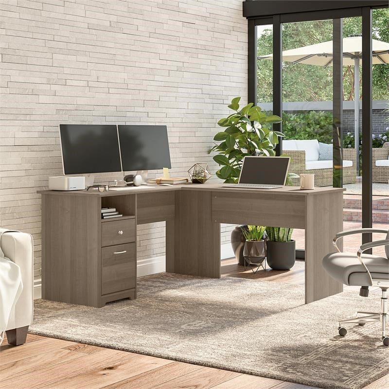 Pemberly Row 60W L Shaped Desk with Drawers in Ash Gray - Engineered Wood