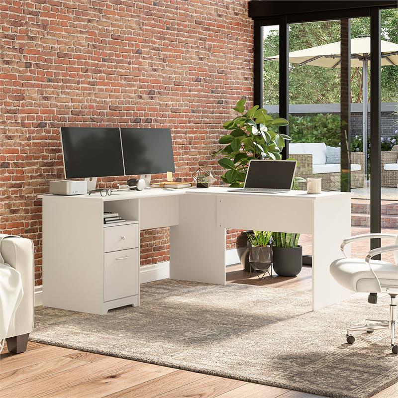 Pemberly Row 60W L Shaped Desk with Drawers in White - Engineered Wood