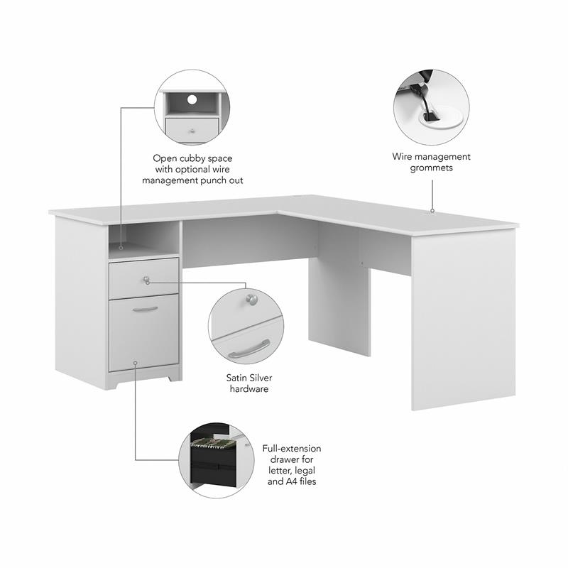 Pemberly Row 60W L Shaped Desk with Drawers in White - Engineered Wood