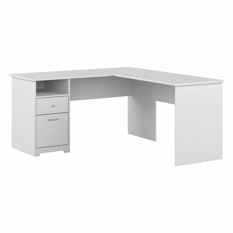 Pemberly Row 60W L Shaped Desk with Drawers in White - Engineered Wood