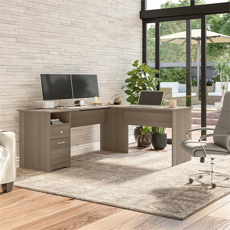Pemberly Row 72W L Shaped Computer Desk with File in Ash Gray - Engineered Wood