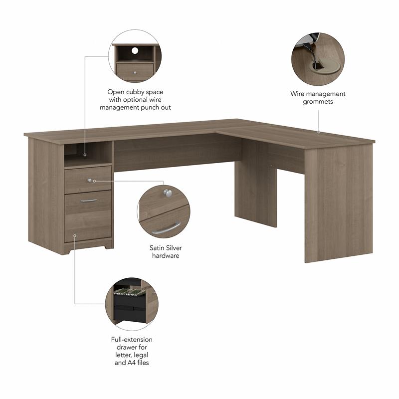 Pemberly Row 72W L Shaped Computer Desk with File in Ash Gray - Engineered Wood