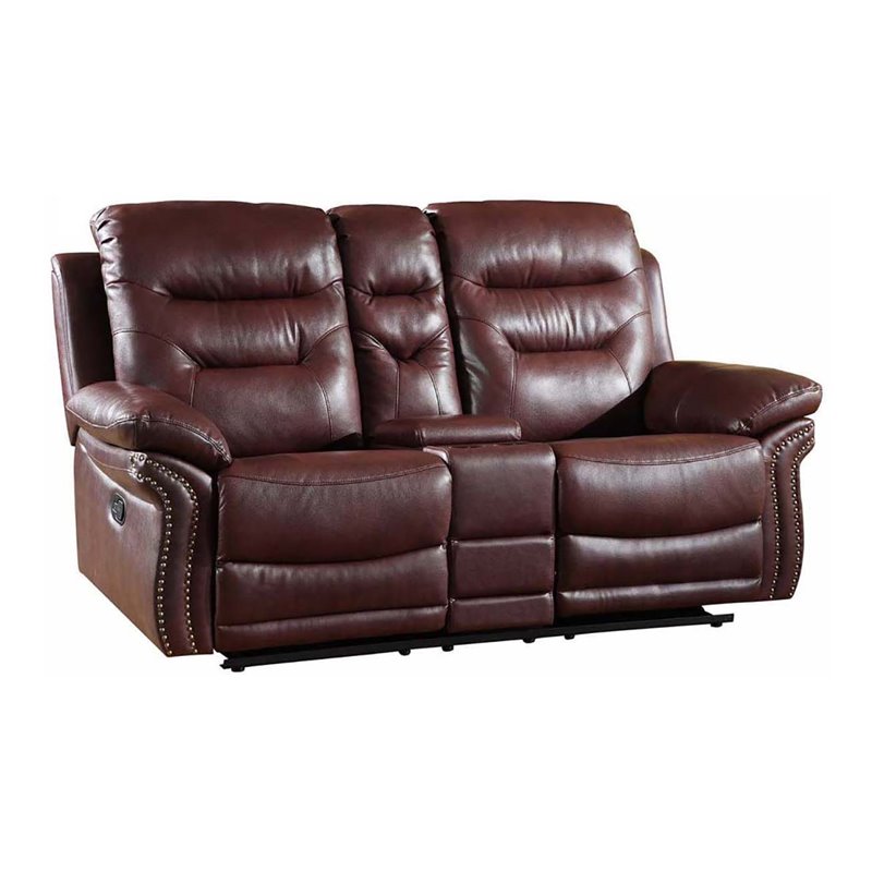 Pemberly Row Modern Contemporary Leather Console Loveseat in Burgundy Red
