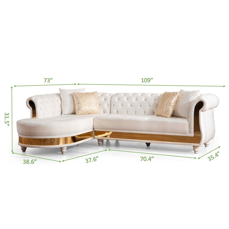 Pemberly Row Gold Detailed Tufted Upholstery Sectional made w/ Wood - Off White