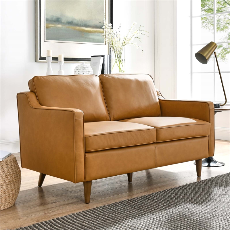 Pemberly Row Modern Cushion Back Genuine Leather Upholstered Loveseat in Tan
