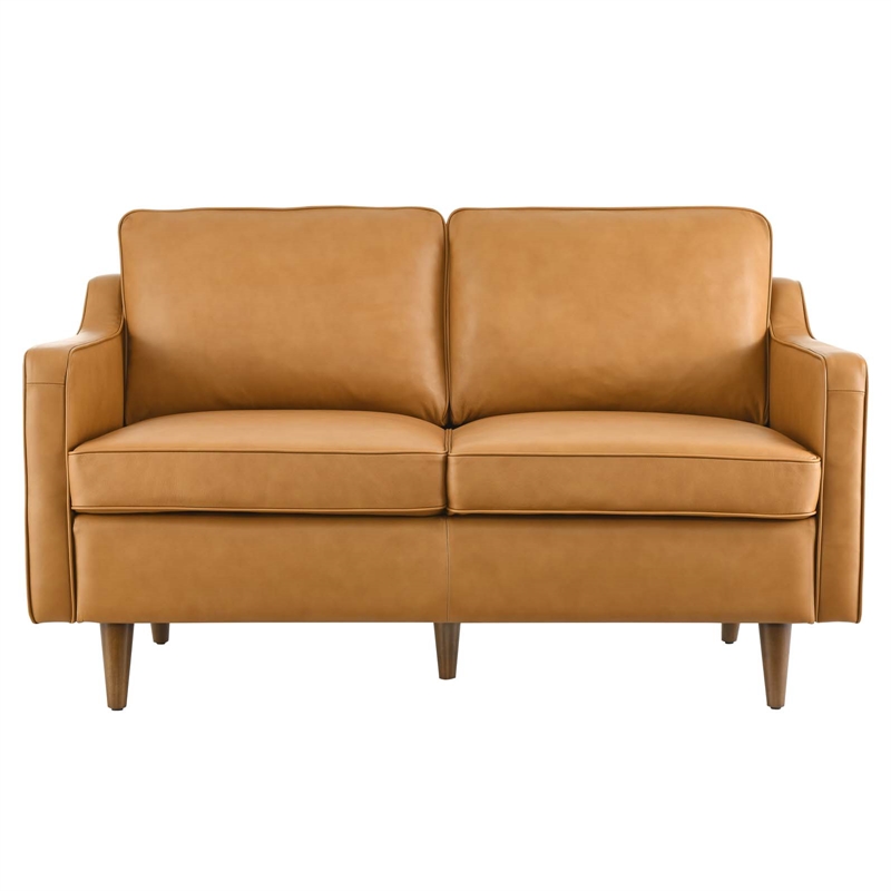 Pemberly Row Modern Cushion Back Genuine Leather Upholstered Loveseat in Tan