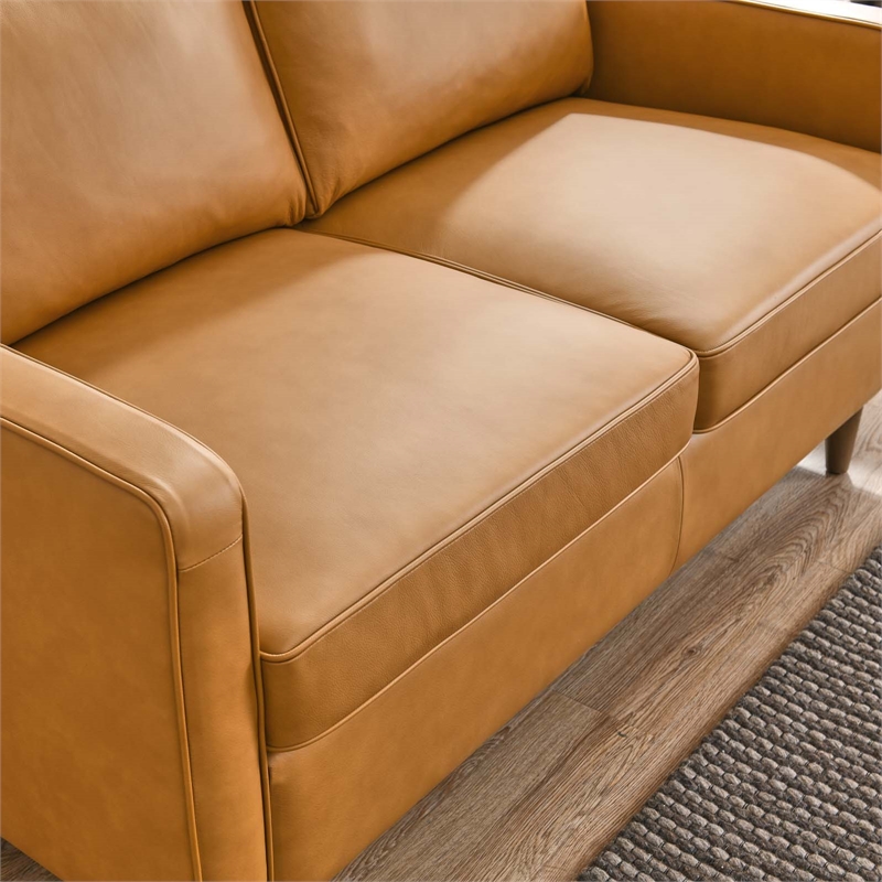 Pemberly Row Modern Cushion Back Genuine Leather Upholstered Loveseat in Tan