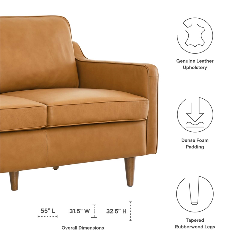 Pemberly Row Modern Cushion Back Genuine Leather Upholstered Loveseat in Tan