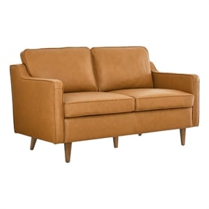 Pemberly Row Modern Cushion Back Genuine Leather Upholstered Loveseat in Tan