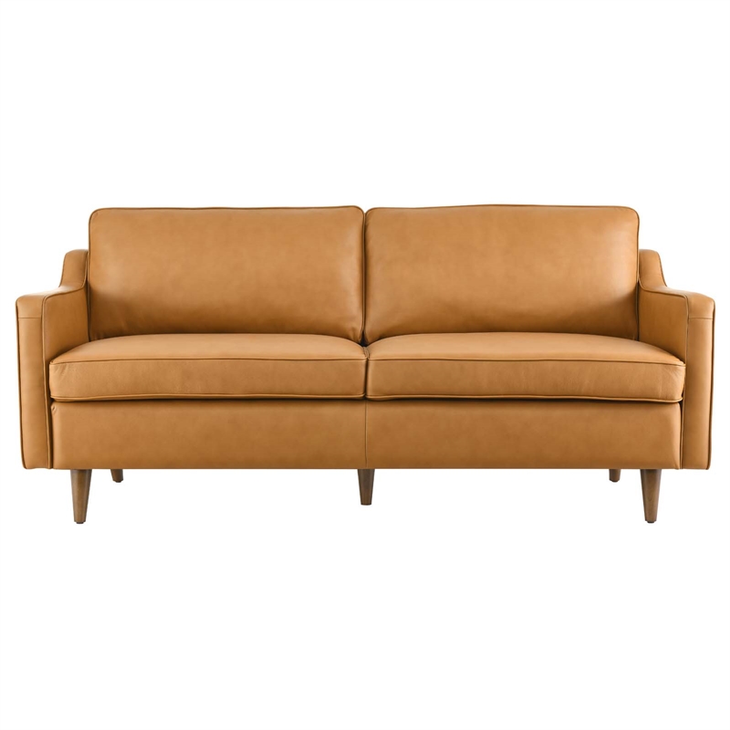 Pemberly Row Contemporary Genuine Leather Upholstered Sofa in Tan