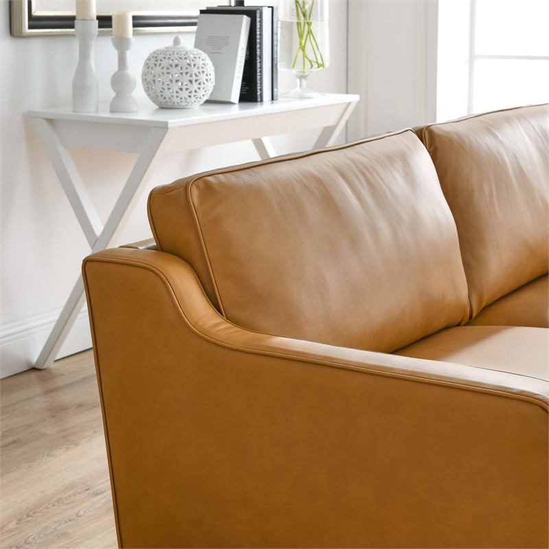 Pemberly Row Contemporary Genuine Leather Upholstered Sofa in Tan