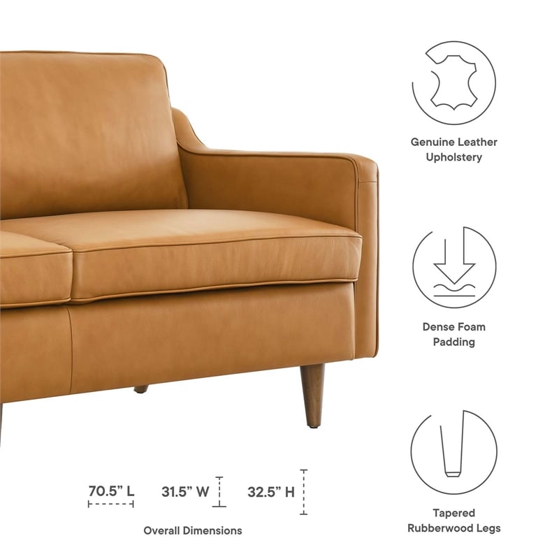 Pemberly Row Contemporary Genuine Leather Upholstered Sofa in Tan