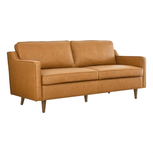 Pemberly Row Contemporary Genuine Leather Upholstered Sofa in Tan