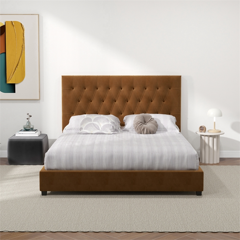 Pemberly Row Mid Century Modern Cognac Tan Velvet Upholstered Queen Platform Bed