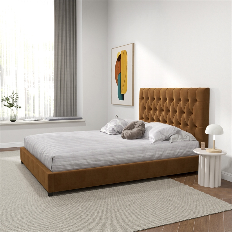Pemberly Row Mid Century Modern Cognac Tan Velvet Upholstered Queen Platform Bed