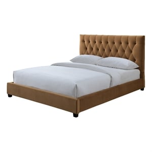 Pemberly Row Mid Century Modern Cognac Tan Velvet Upholstered Queen Platform Bed