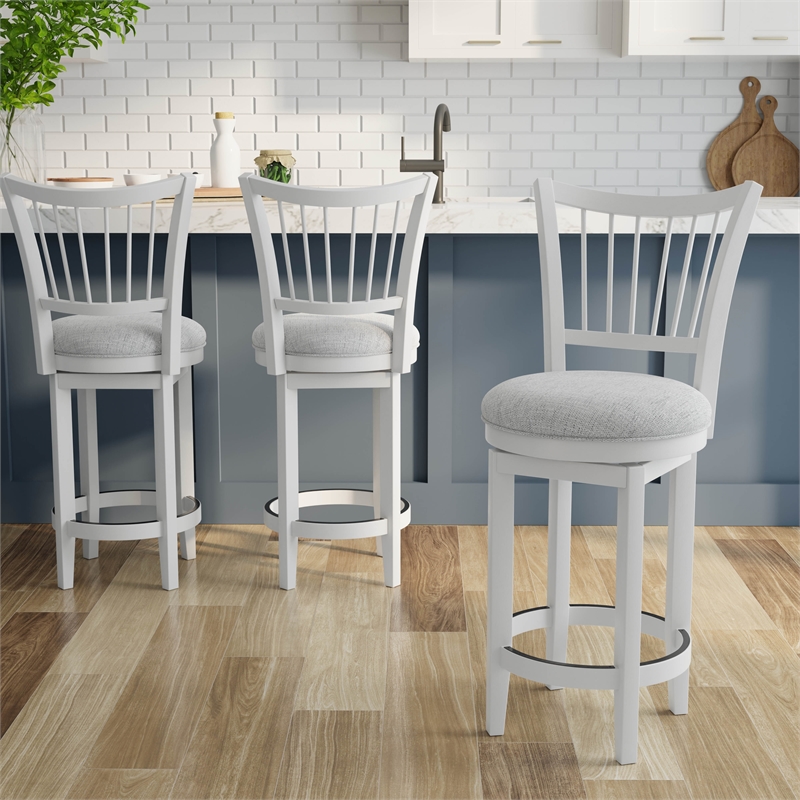 Pemberly Row Dining Wood Spindle Back Swivel Barstool in White