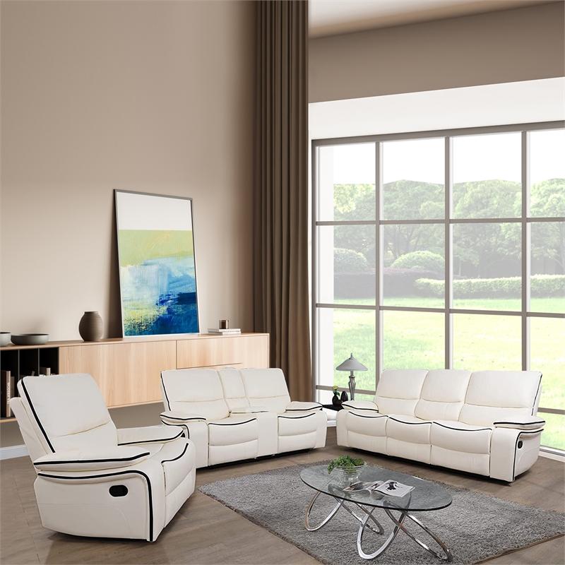 Pemberly Row 3-Piece Modern Leather Recliner Sofa Set in White