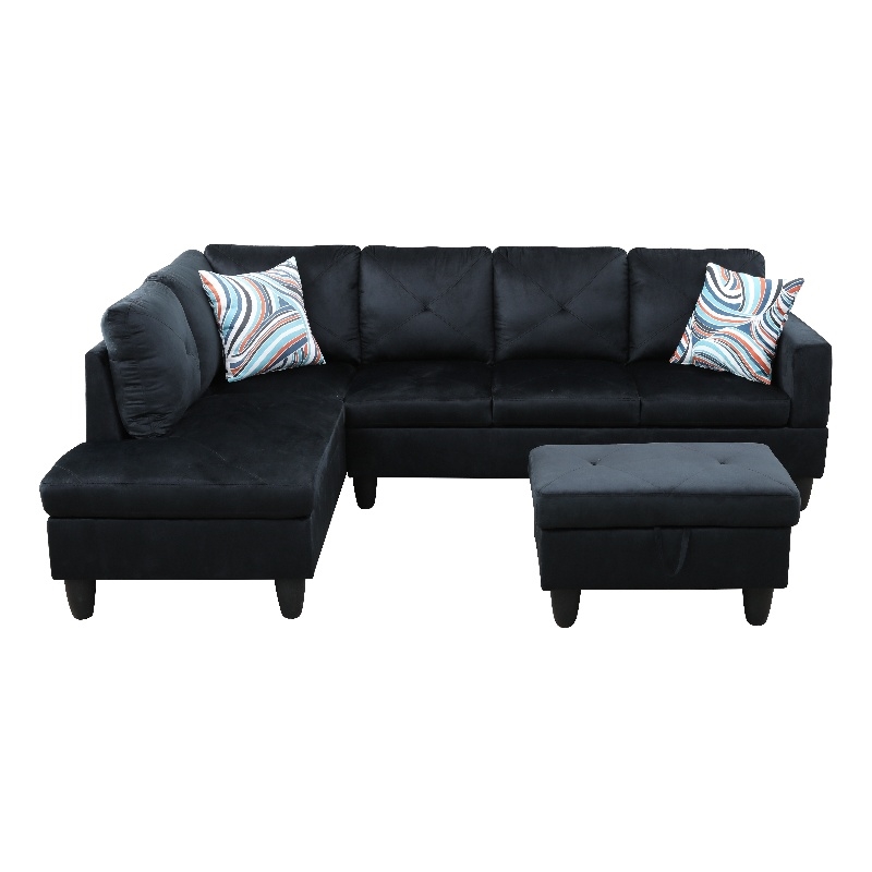 Pemberly Row L Shaped Black Couch with Ottoman(Pillows Included) Microfiber