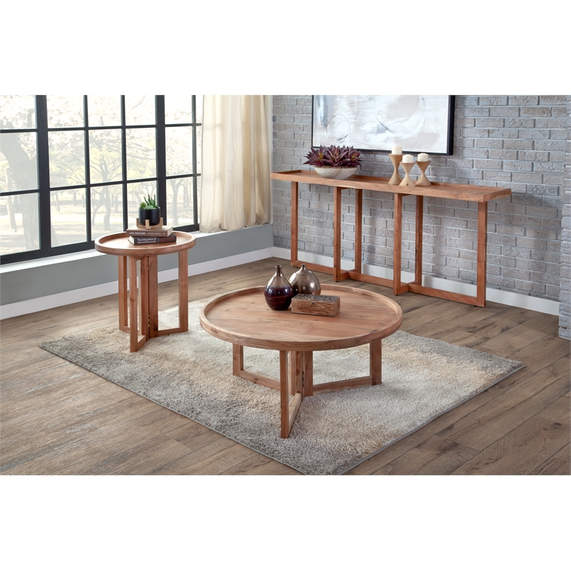 Pemberly Row Round Wood Coffee Table with Tray Top in Natural