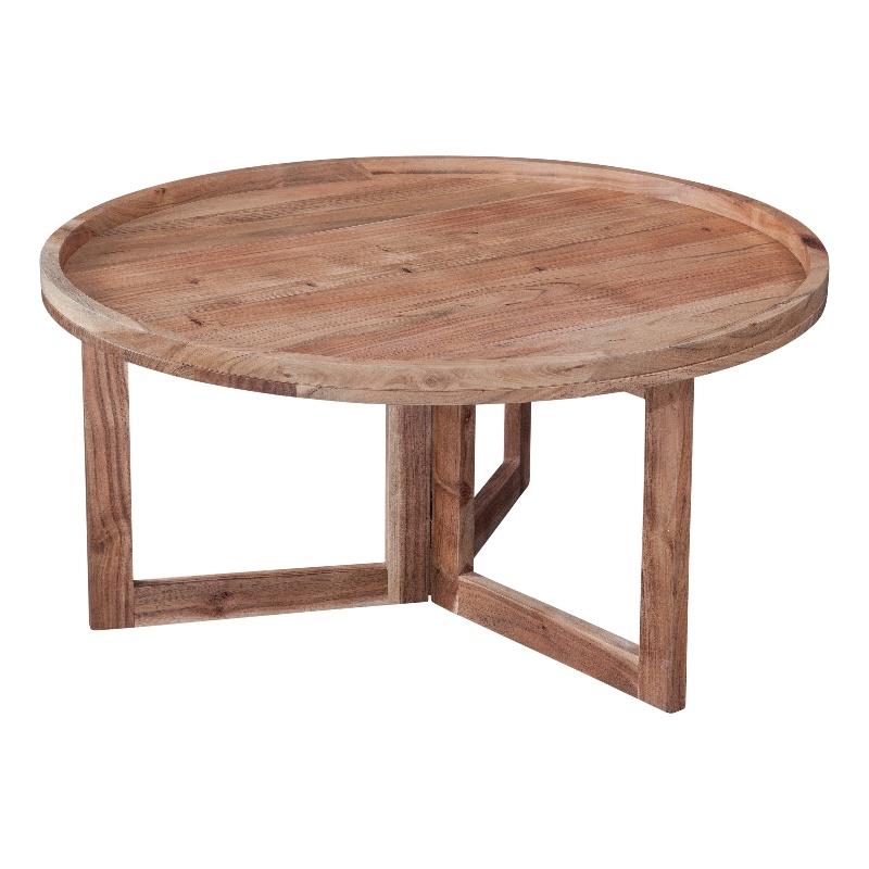 Pemberly Row Round Wood Coffee Table with Tray Top in Natural