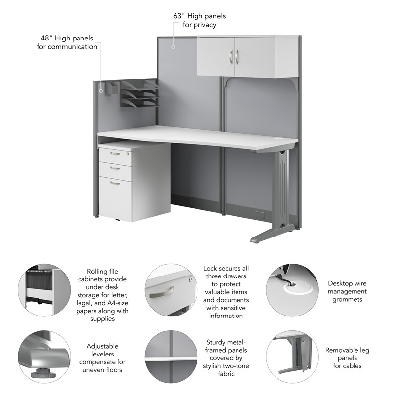 Pemberly Row 65W Cubicle Desk with Storage in Pure White - Engineered Wood