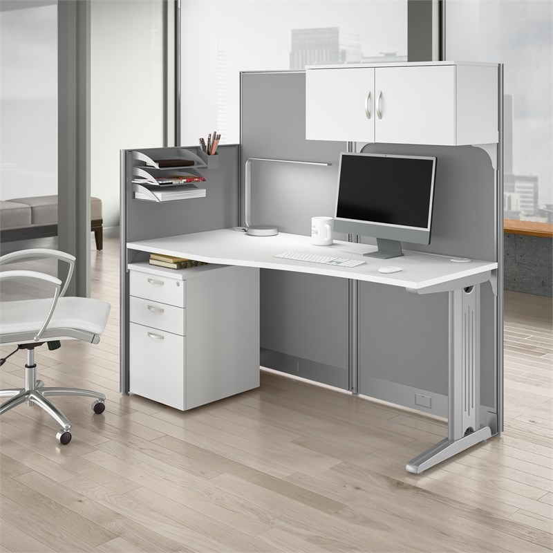 Pemberly Row 65W Cubicle Desk with Storage in Pure White - Engineered Wood