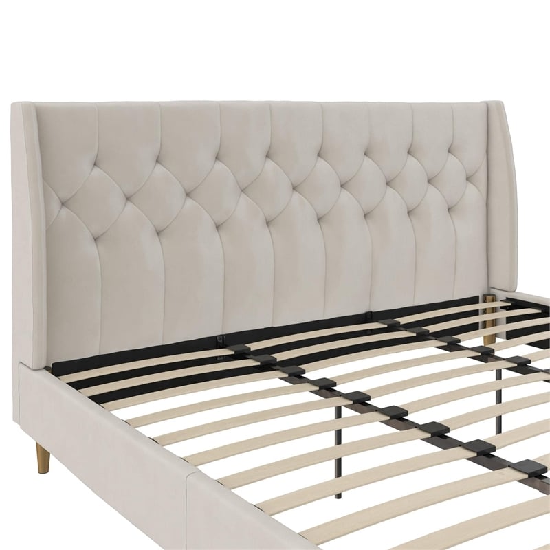 Pemberly Row Tufted Upholstered King Bed Frame in Ivory Velvet