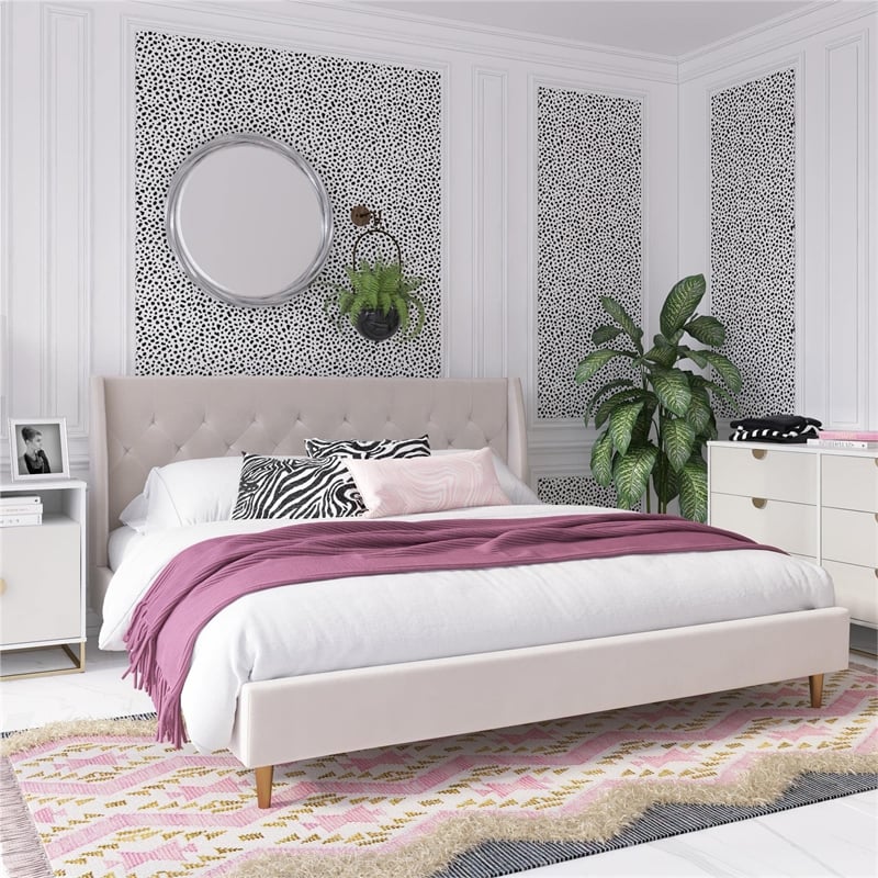 Pemberly Row Tufted Upholstered King Bed Frame in Ivory Velvet