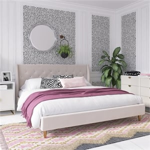 Pemberly Row Tufted Upholstered King Bed Frame in Ivory Velvet
