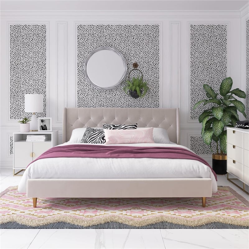 Pemberly Row Tufted Upholstered King Bed Frame in Ivory Velvet