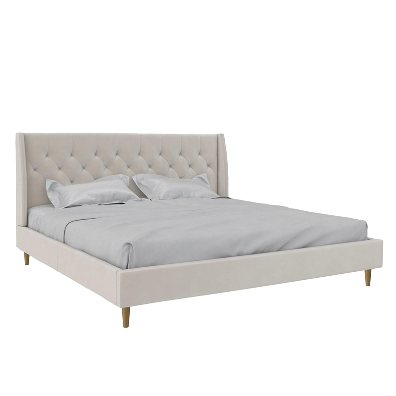 Pemberly Row Tufted Upholstered King Bed Frame in Ivory Velvet