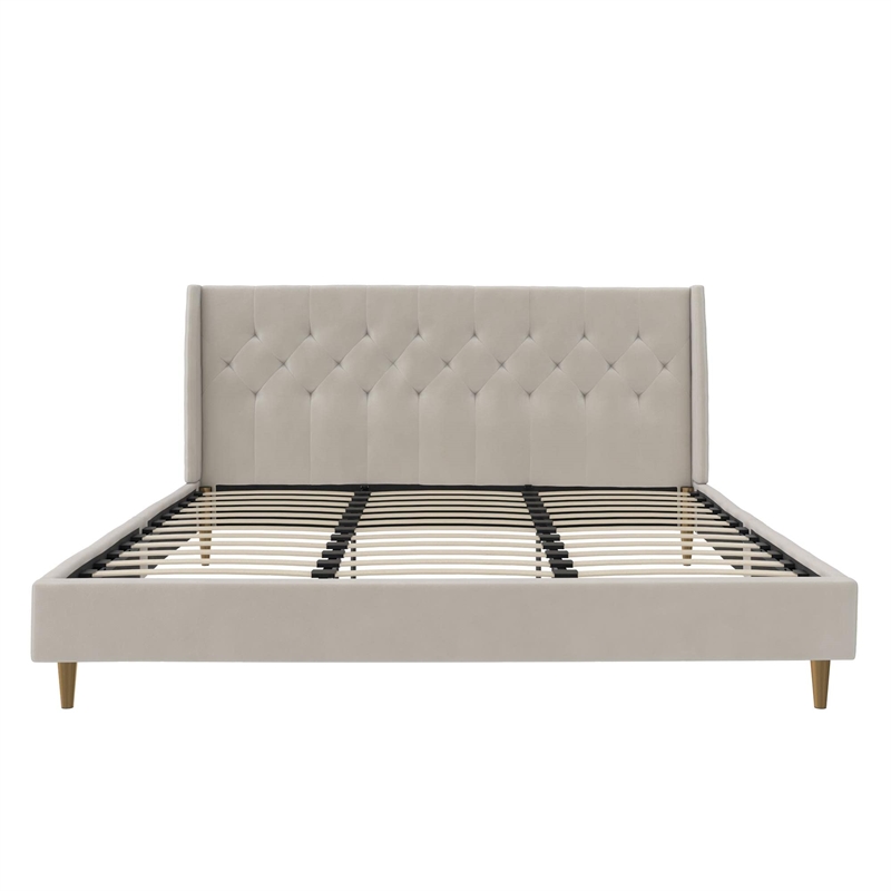 Pemberly Row Tufted Upholstered King Bed Frame in Ivory Velvet