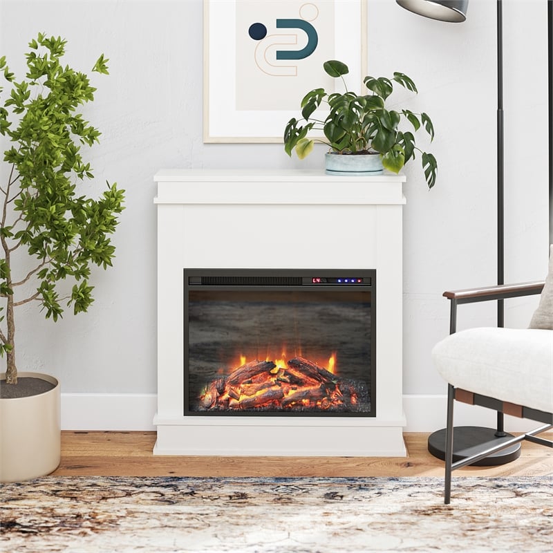 Pemberly Row Electric Fireplace w/ Mantel & Touchscreen Display in White