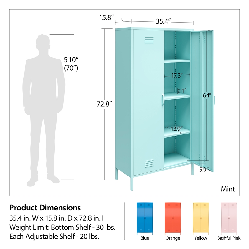 Pemberly Row 2 Door Tall Metal Locker Style Storage Cabinet in Orange