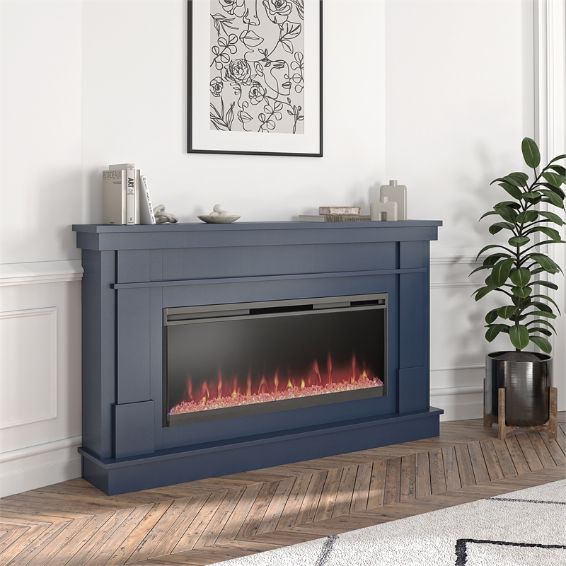 Pemberly Row Mantel Electric Fireplace & Crystal Ember Bed in Navy