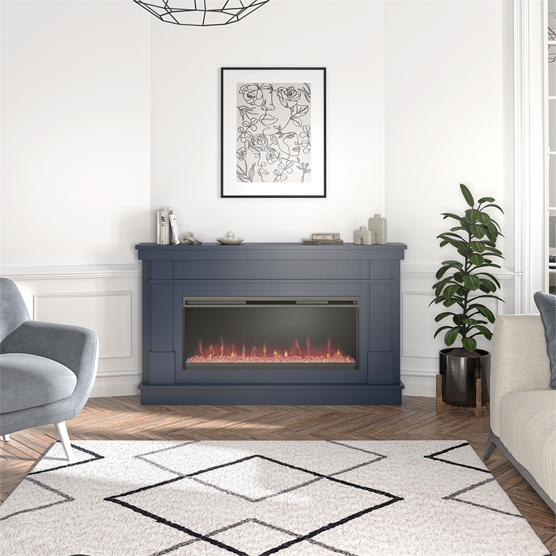 Pemberly Row Mantel Electric Fireplace & Crystal Ember Bed in Navy