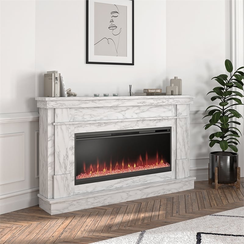 Pemberly Row Mantel Electric Fireplace & Crystal Ember Bed in White Marble