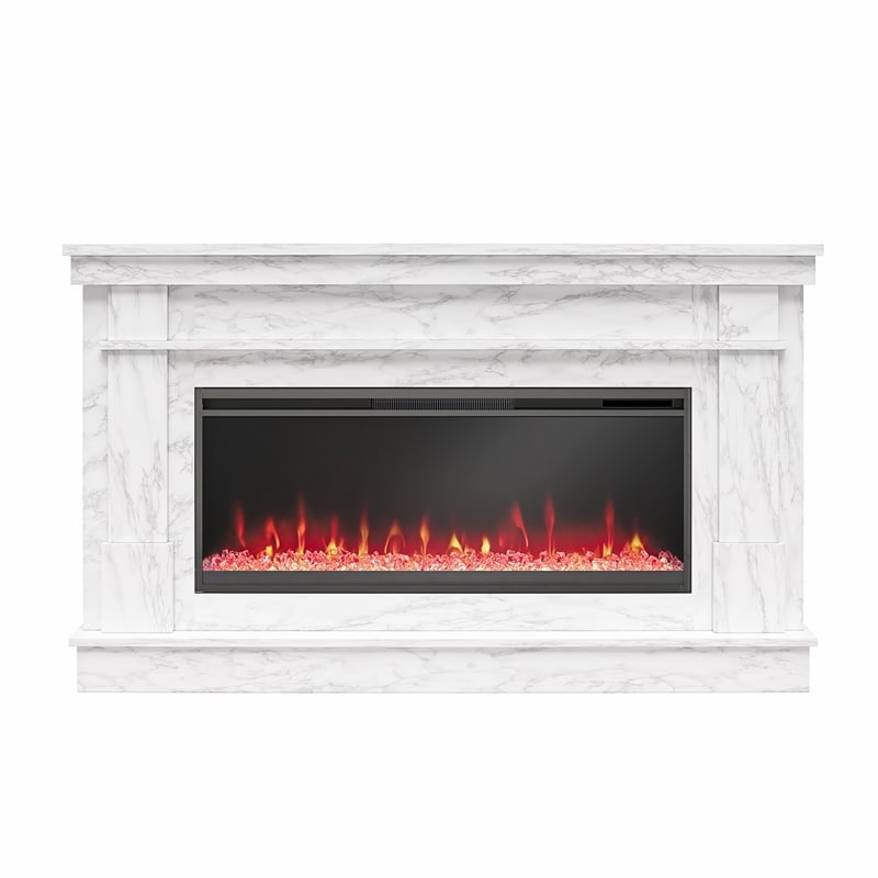 Pemberly Row Mantel Electric Fireplace & Crystal Ember Bed in White Marble