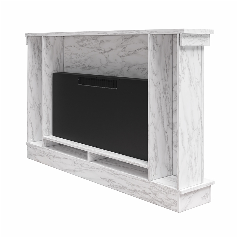 Pemberly Row Mantel Electric Fireplace & Crystal Ember Bed in White Marble