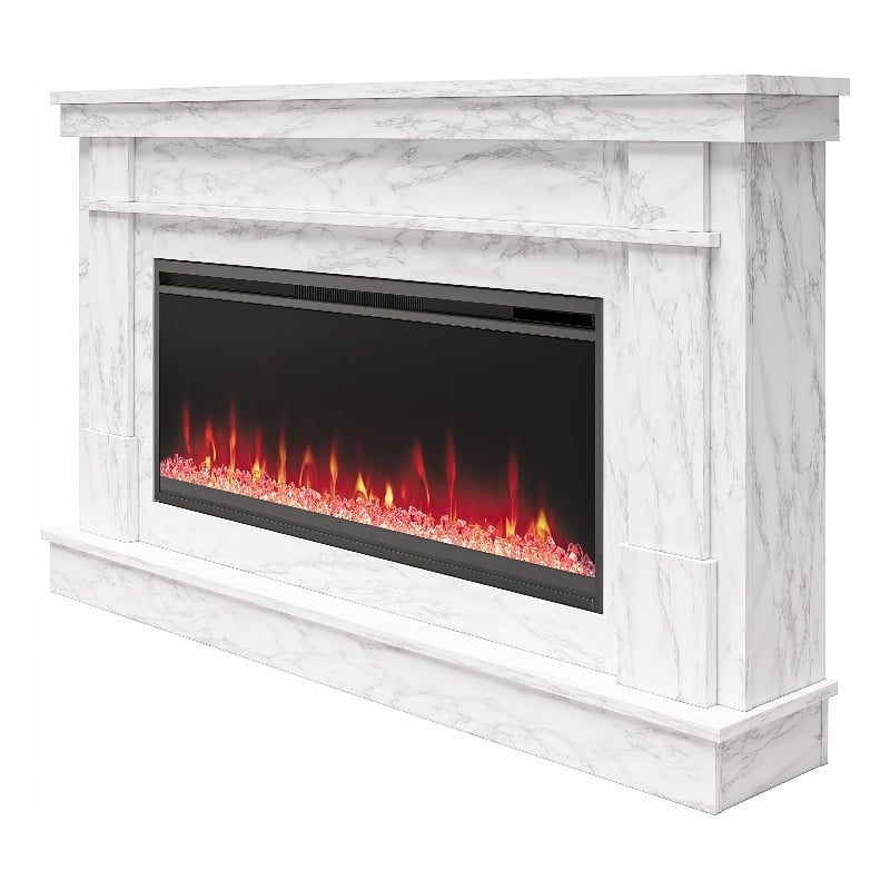 Pemberly Row Mantel Electric Fireplace & Crystal Ember Bed in White Marble