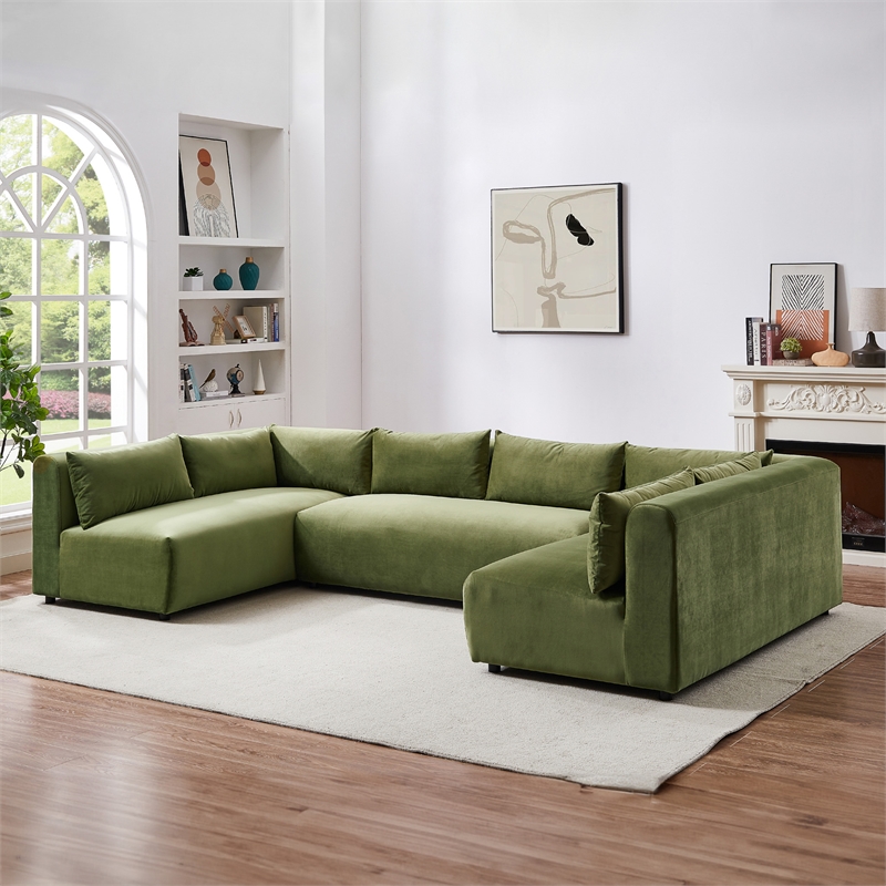 Pemberly Row Mid Century Modern Modular Olive Green Velvet Comfy Sectional Couch