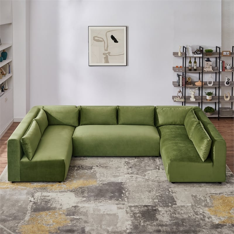 Pemberly Row Mid Century Modern Modular Olive Green Velvet Comfy Sectional Couch