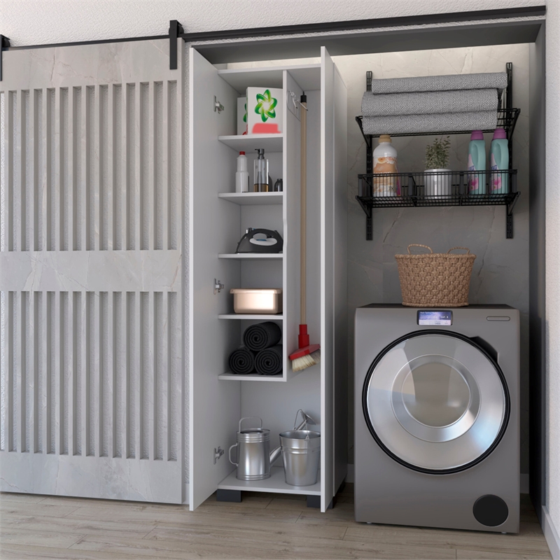 Pemberly Row Broom Cabinet with Five Shelves Black Engineered Wood