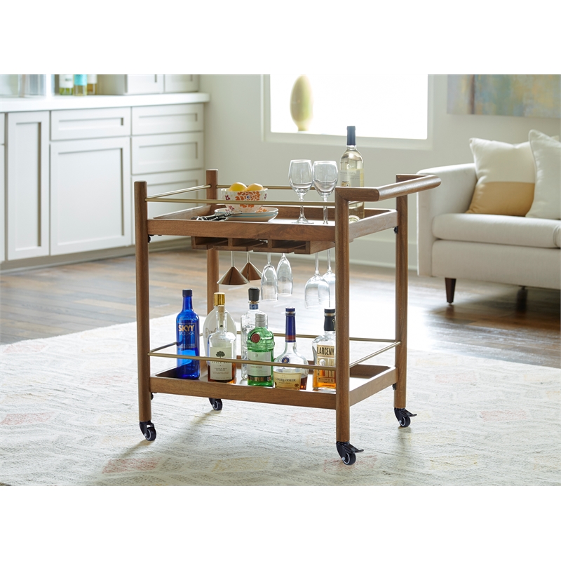 Pemberly Row 2 Shelf Nutmeg Solid Wood Bar Cart with Stemware Storage