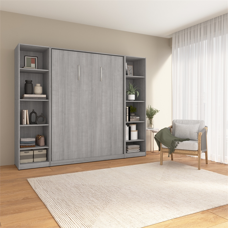 Pemberly Row Wood Full Murphy Bed with Closet Organizers in Gray