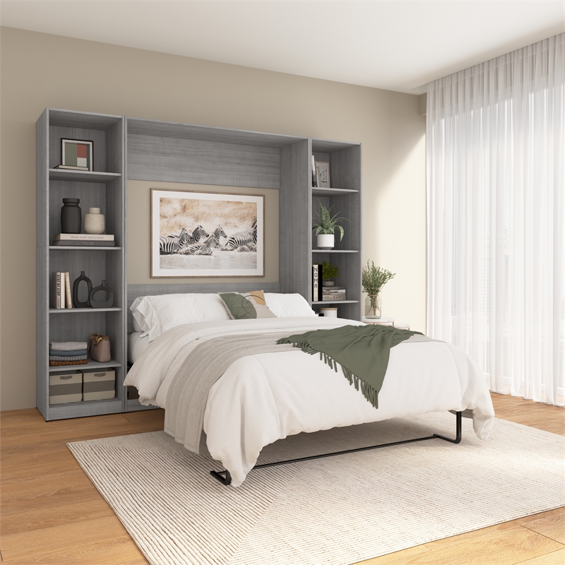 Pemberly Row Wood Full Murphy Bed with Closet Organizers in Gray