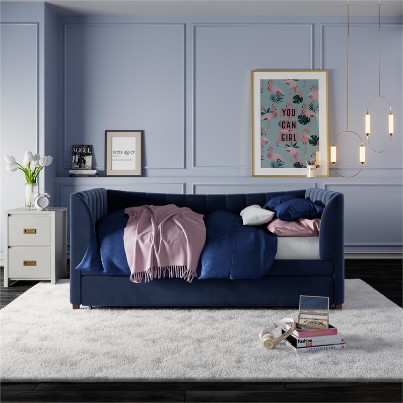 Pemberly Row Twin Upholstered Daybed and Trundle - Navy Blue Velvet