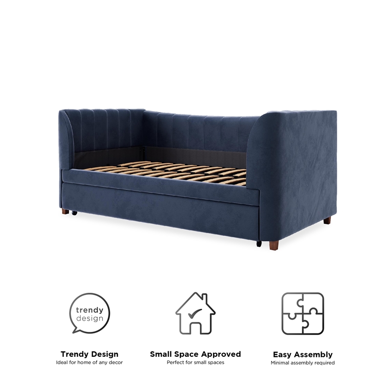 Pemberly Row Twin Upholstered Daybed and Trundle - Navy Blue Velvet